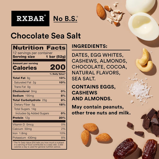 short, transparent ingredient list: dates, egg whites, almonds, cashews, 100% chocolate, sea salt, natural chocolate flavor