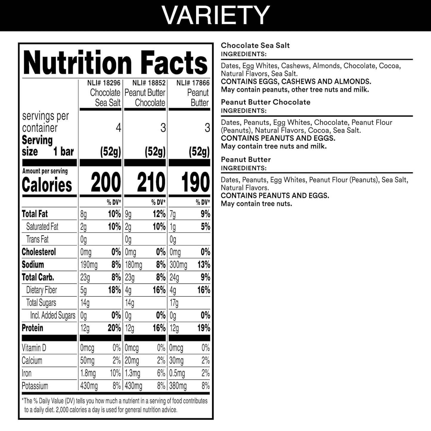 short whole-food ingredient list: dates, egg whites, cashews, almonds, chocolate, cocoa, natural flavors, sea salt