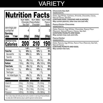 short whole-food ingredient list: dates, egg whites, cashews, almonds, chocolate, cocoa, natural flavors, sea salt