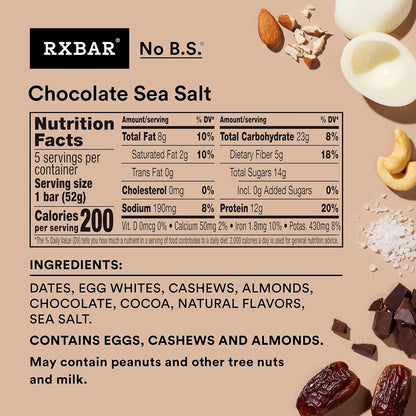 simple ingredient panel: dates, cashews, almonds, chocolate, cocoa, natural flavors, sea salt