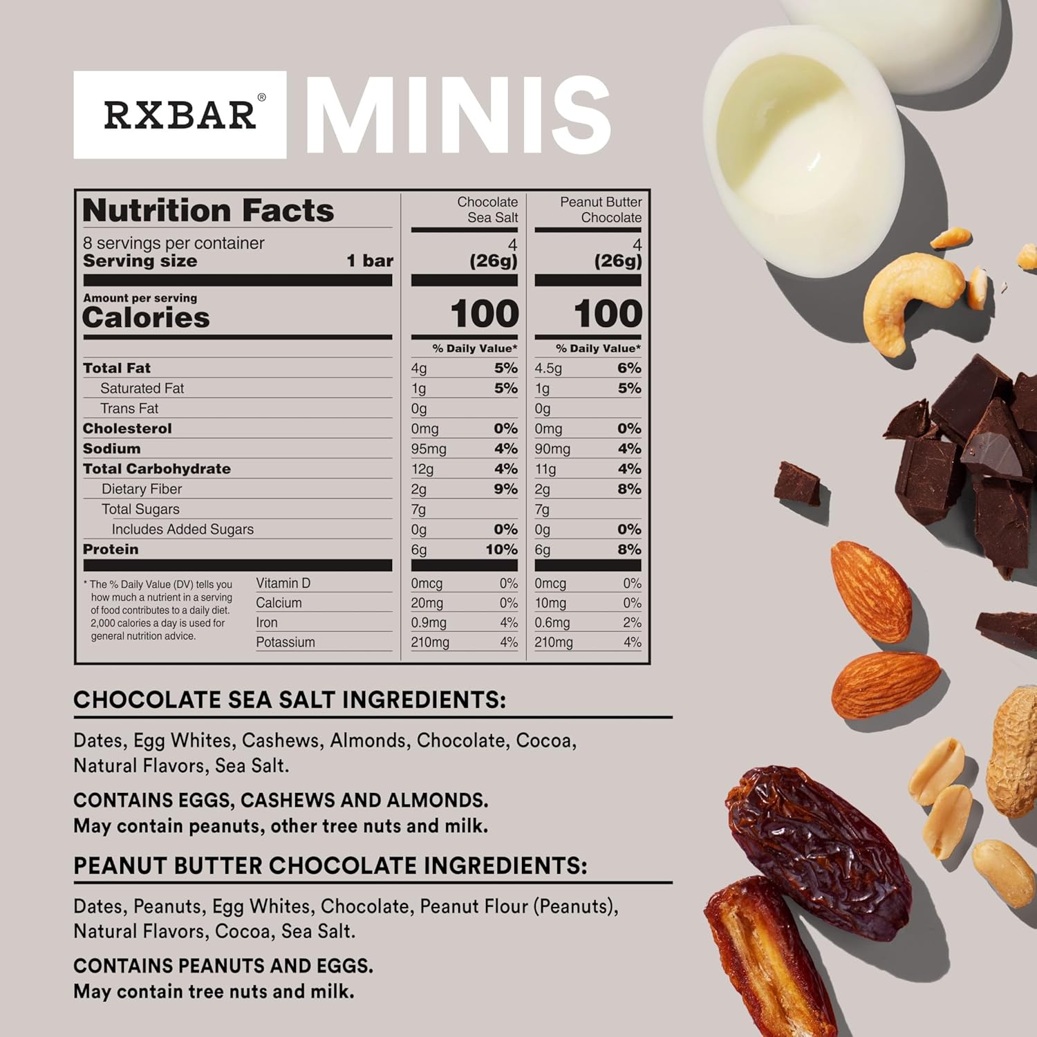 simple whole-food ingredients: dates, cashews, egg whites, peanuts, almonds, chocolate, cocoa, natural flavors, sea salt