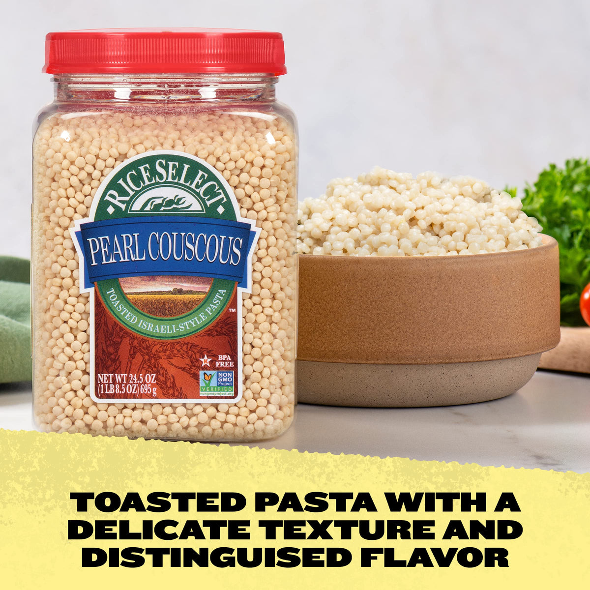 single-ingredient formulation: 100% pearl couscous with no additives