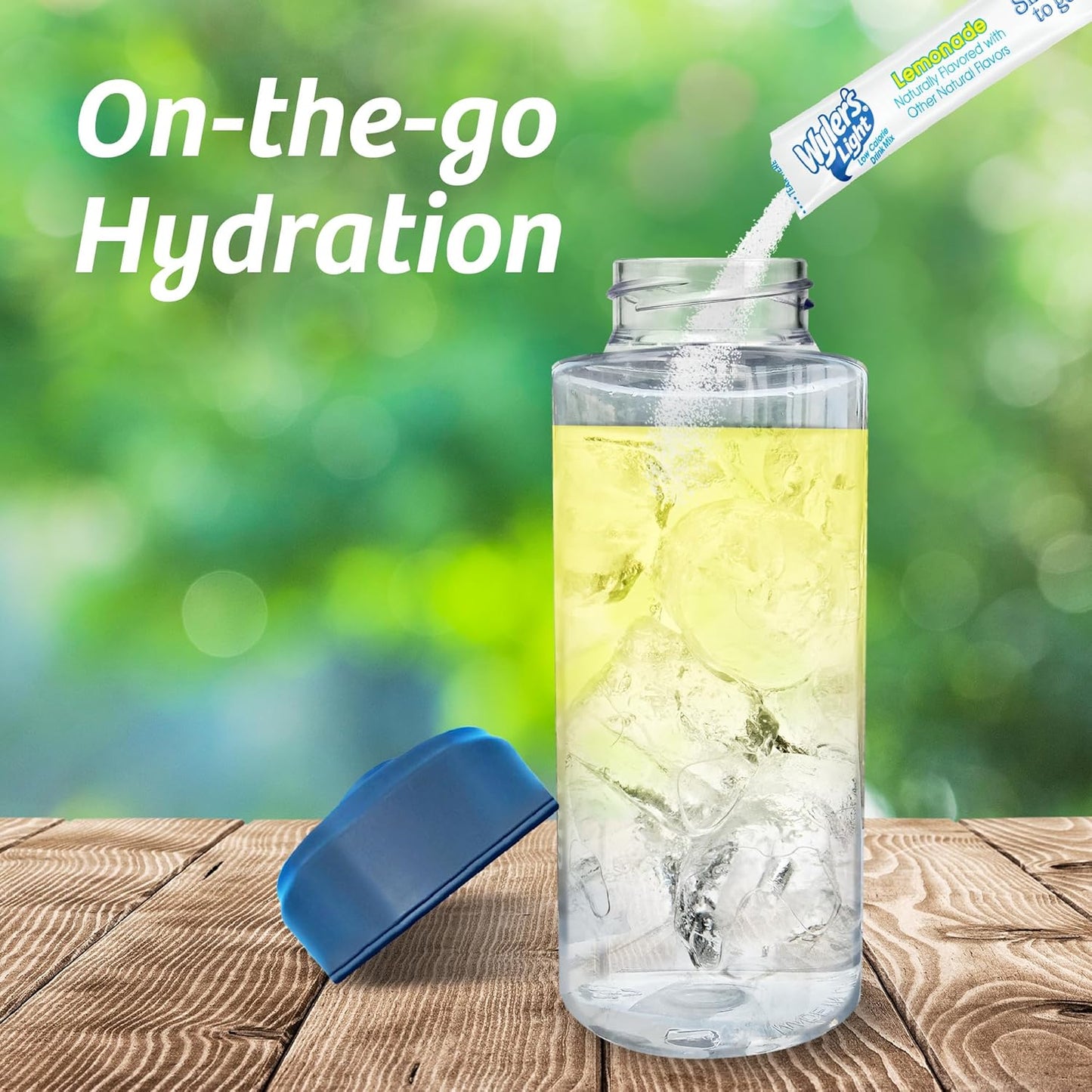 single-serve powder packet format designed to fit the opening of a standard 16.9 oz water bottle