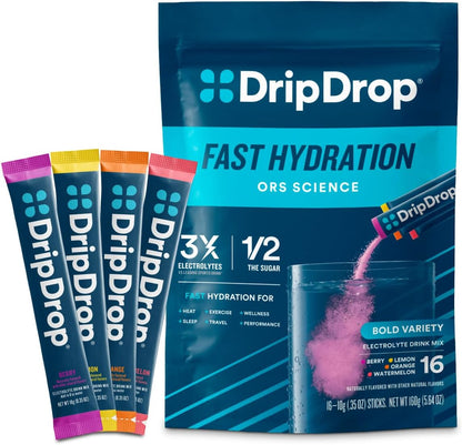 single-serve powder packets (16-count standard, 80-count bulk) dissolving into 8 oz of water