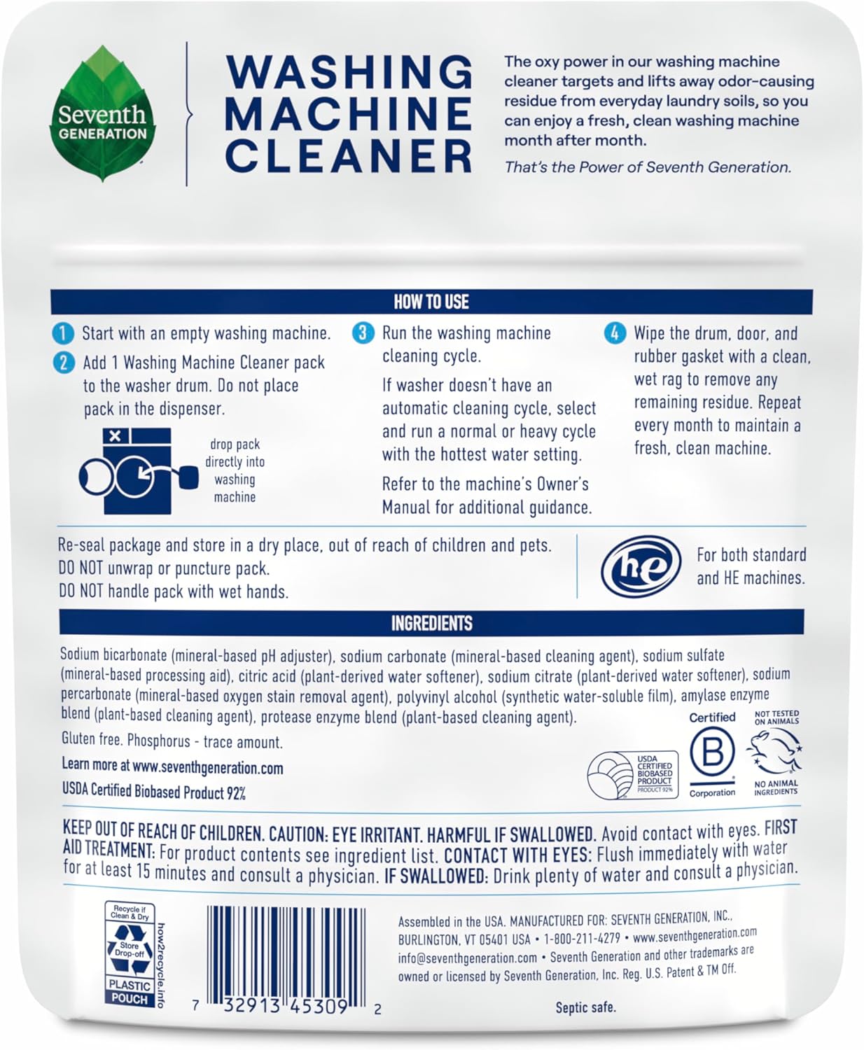 single-use fully dissolvable powder pack per cleaning cycle