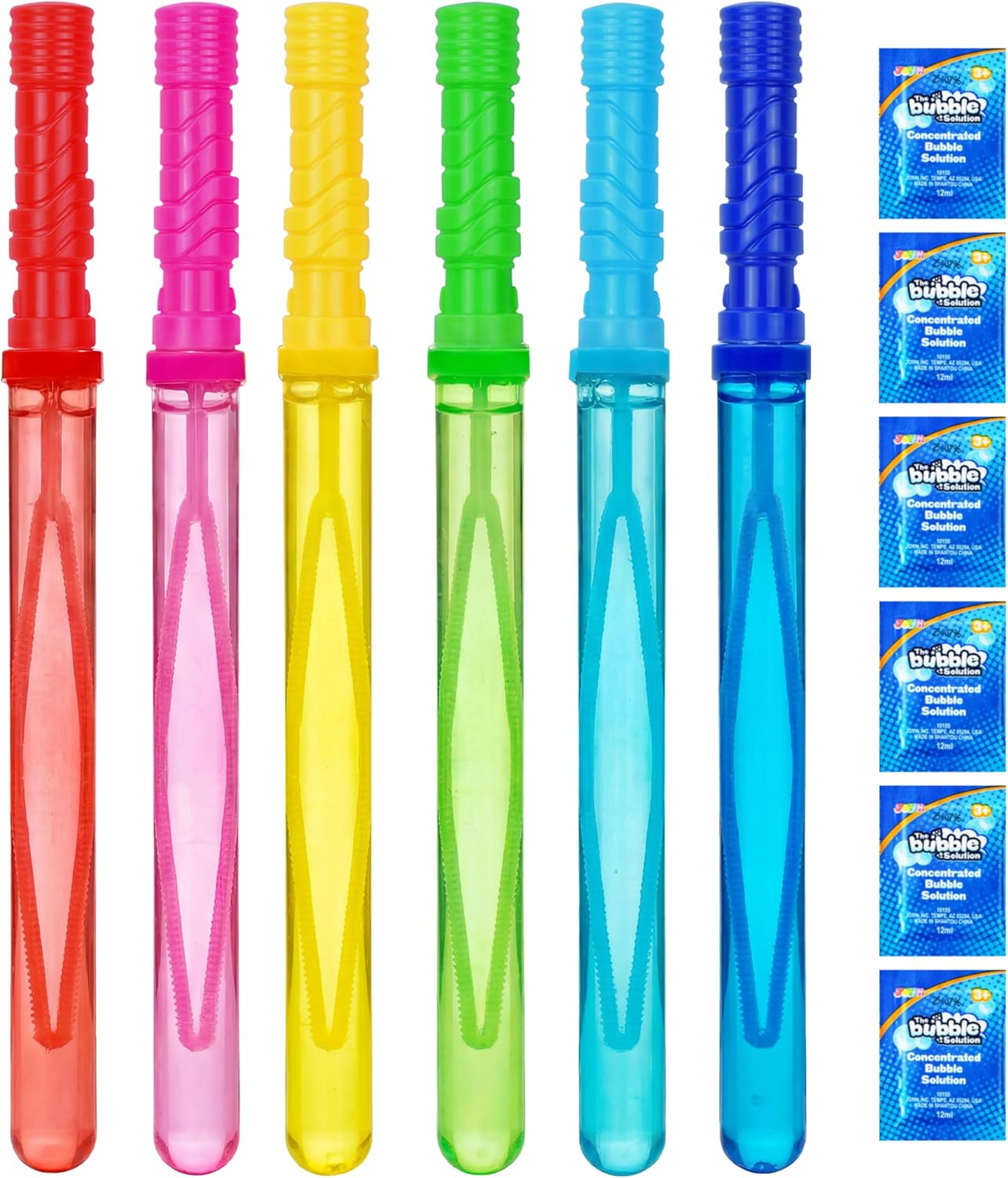 six brightly colored bubble wands measuring 14.6 inches each
