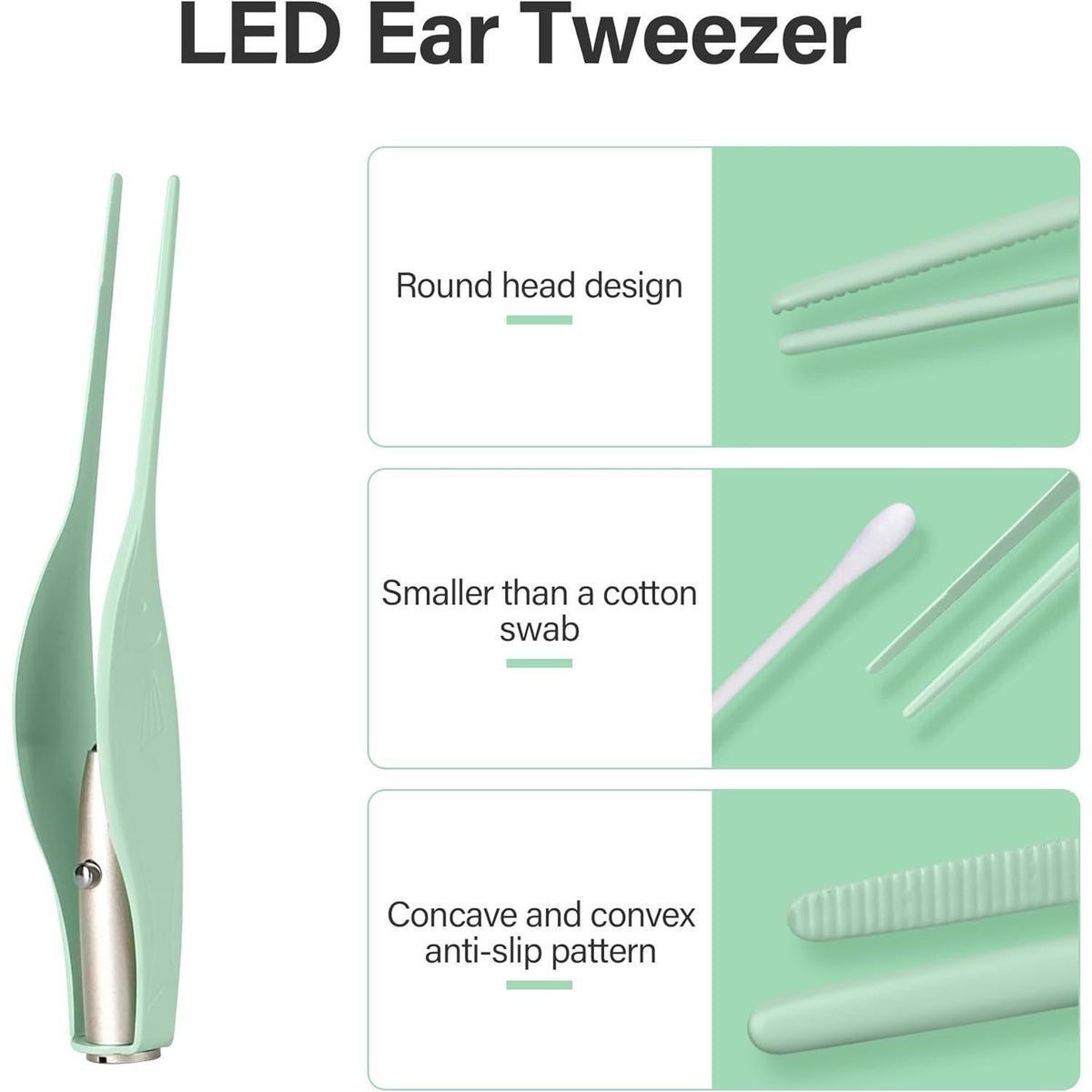 six ear picks including a unique spring-and-spiral tip that massages the canal while relieving itch