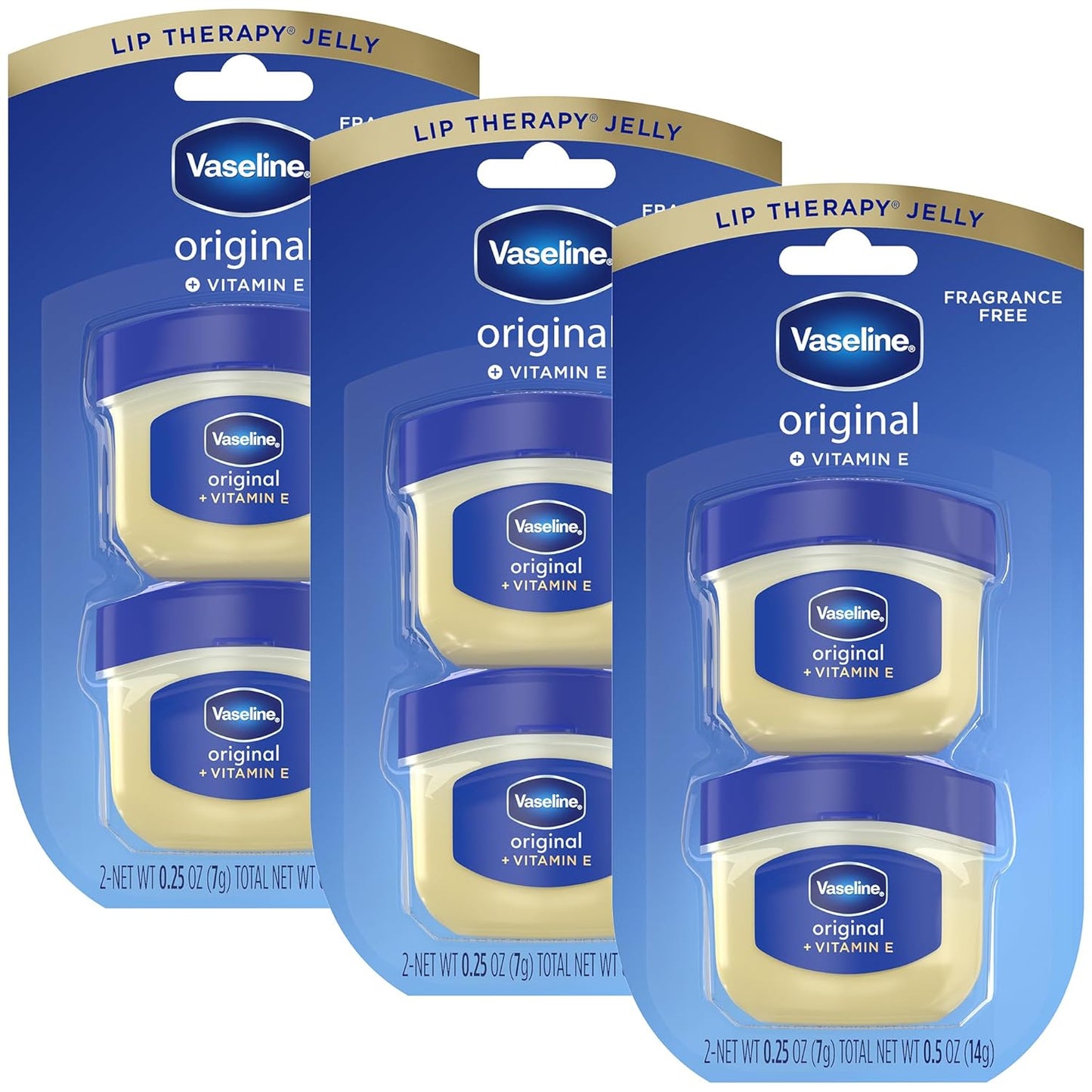 six-pack of 0.25 oz mini vaseline lip therapy jars