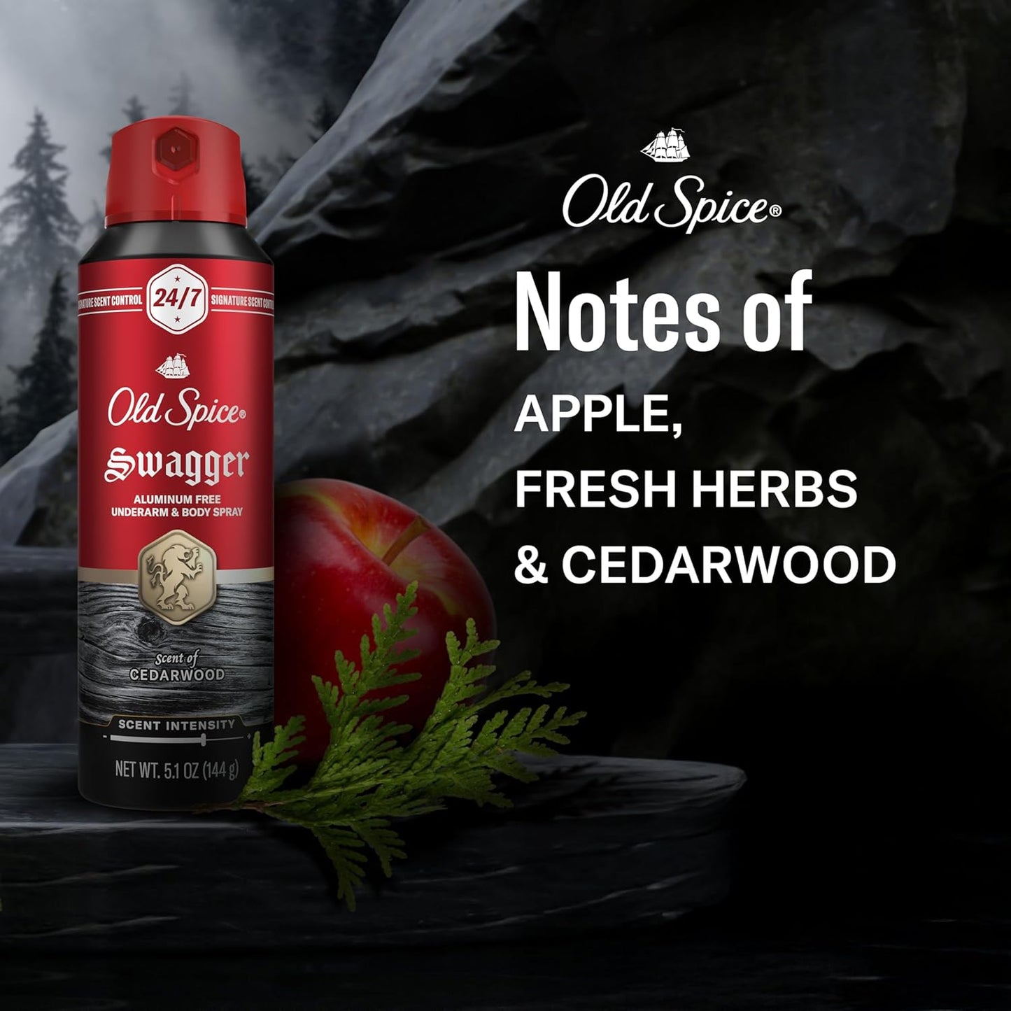 six scent variants within the red collection (wolfthorn, swagger, bearglove, aqua reef, nightpanther, captain) featuring notes like cedarwood, apple, fresh herbs, bergamot, sea air, and driftwood