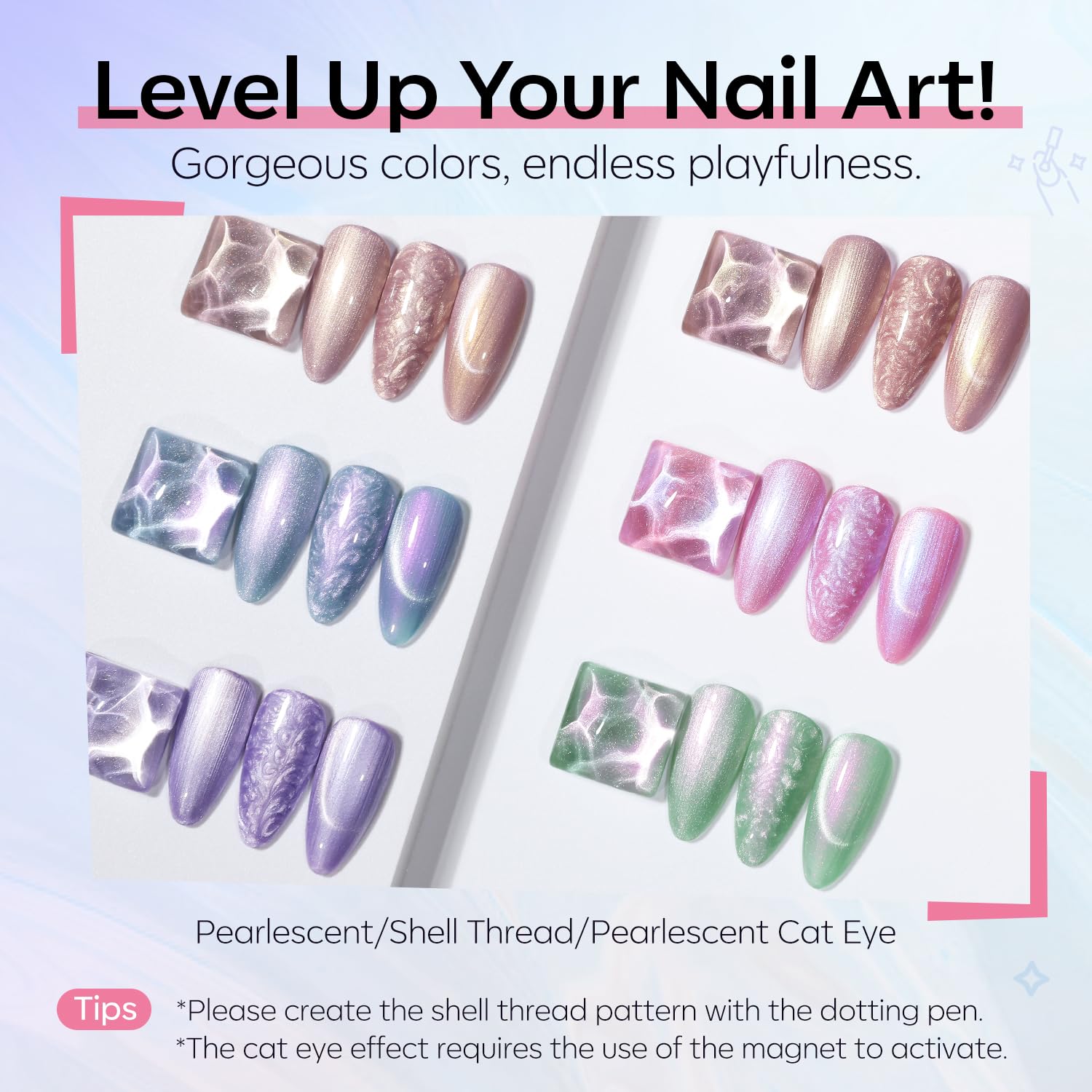 six shimmer pearl iridescent colors (purple, pink, blue glitter and more across the line)