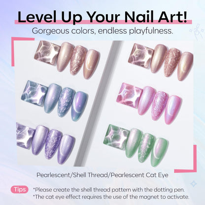 six shimmer pearl iridescent colors (purple, pink, blue glitter and more across the line)