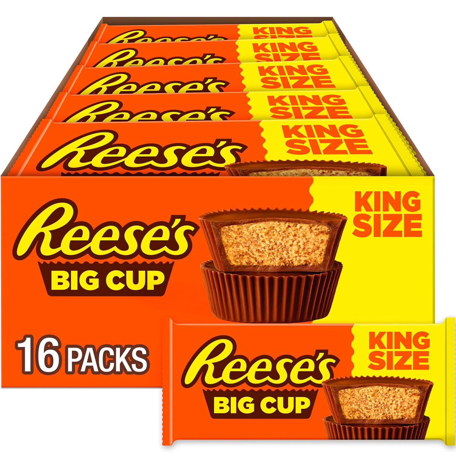 sixteen 2.8-ounce king-size individually wrapped peanut butter cups per box (or 32-count variant)