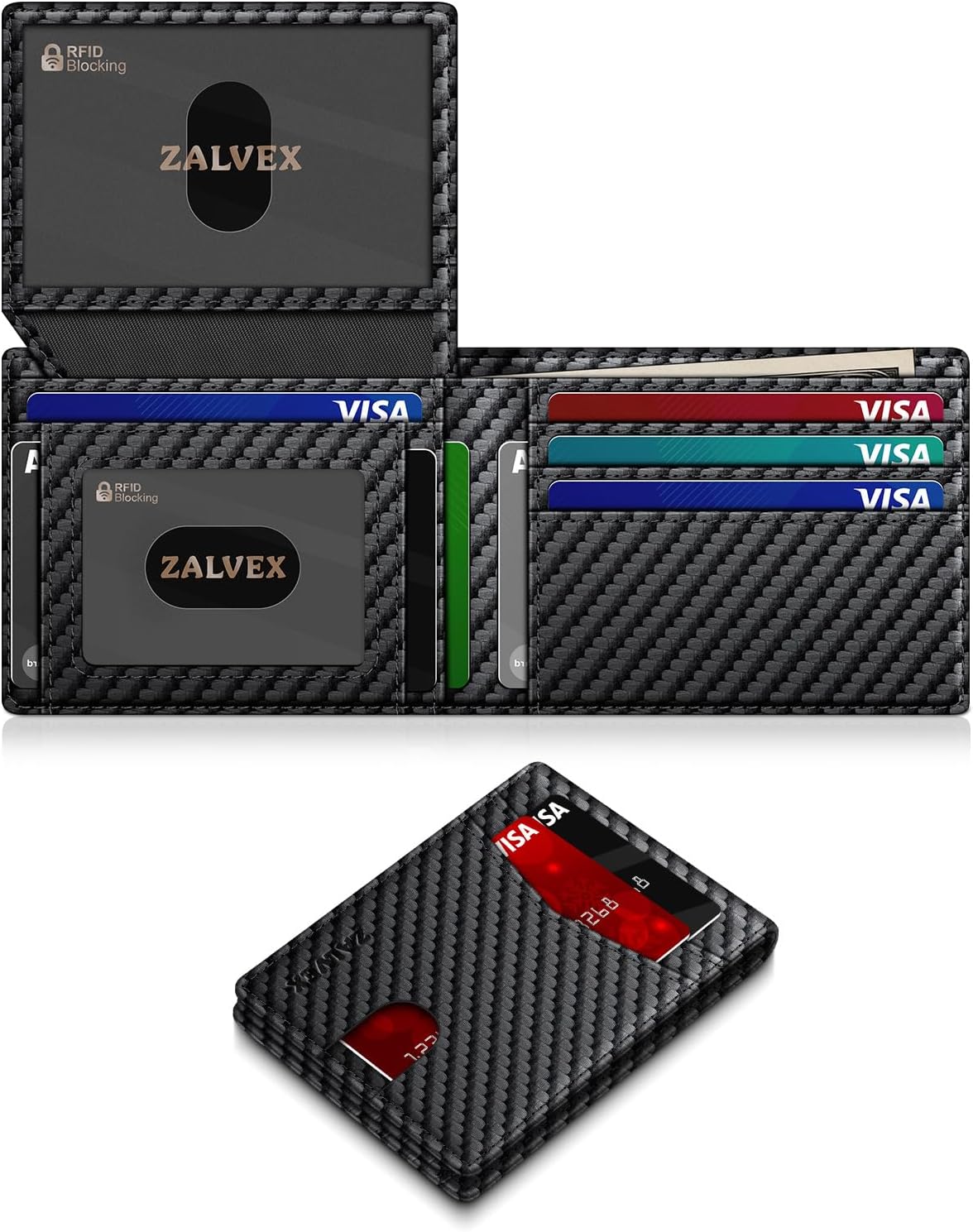 slim 4.3 x 3.2 x 0.6 inch bifold body holding up to 14 cards and 10+ unfolded bills