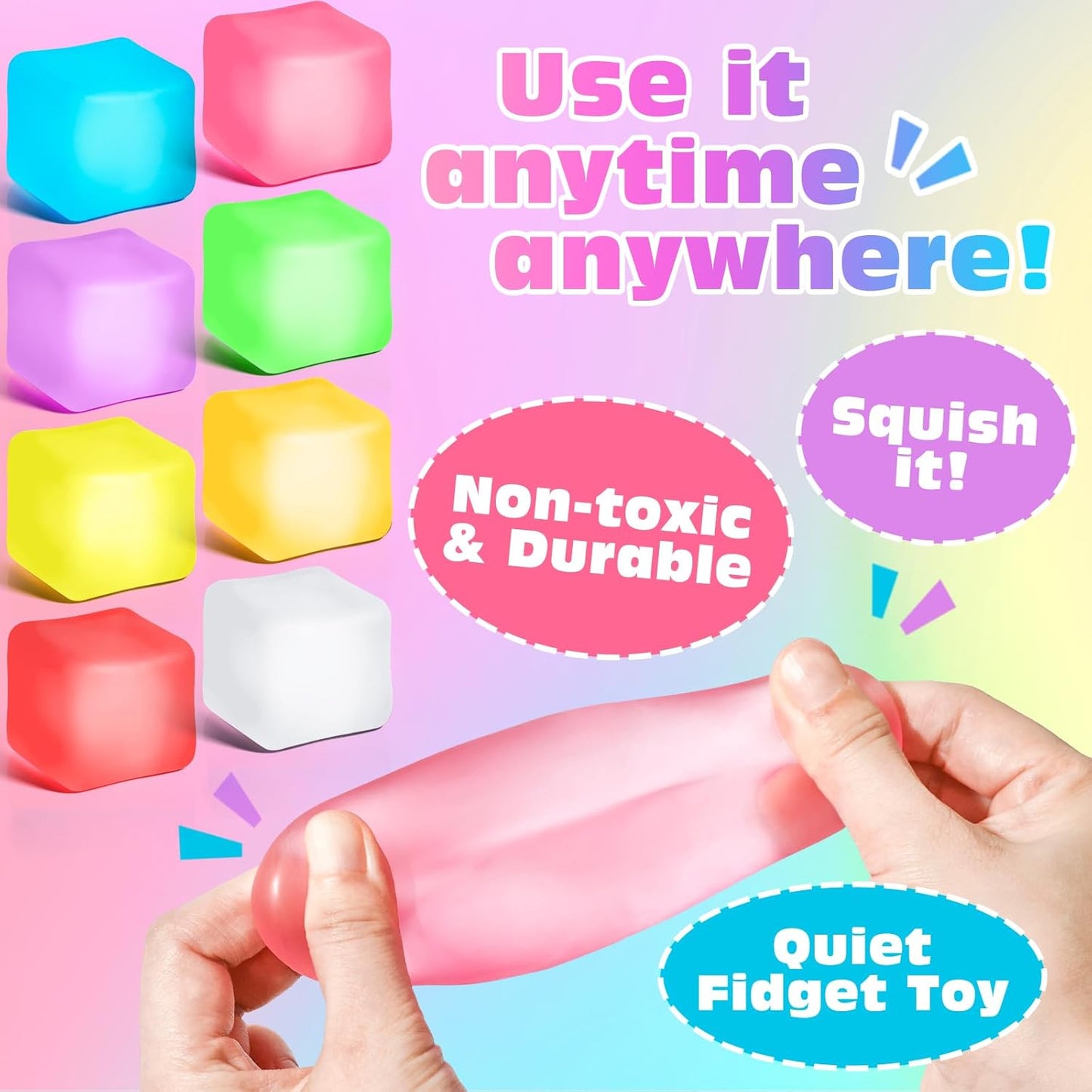 slow-rising memory foam squishy that returns to original cube shape after squeezing