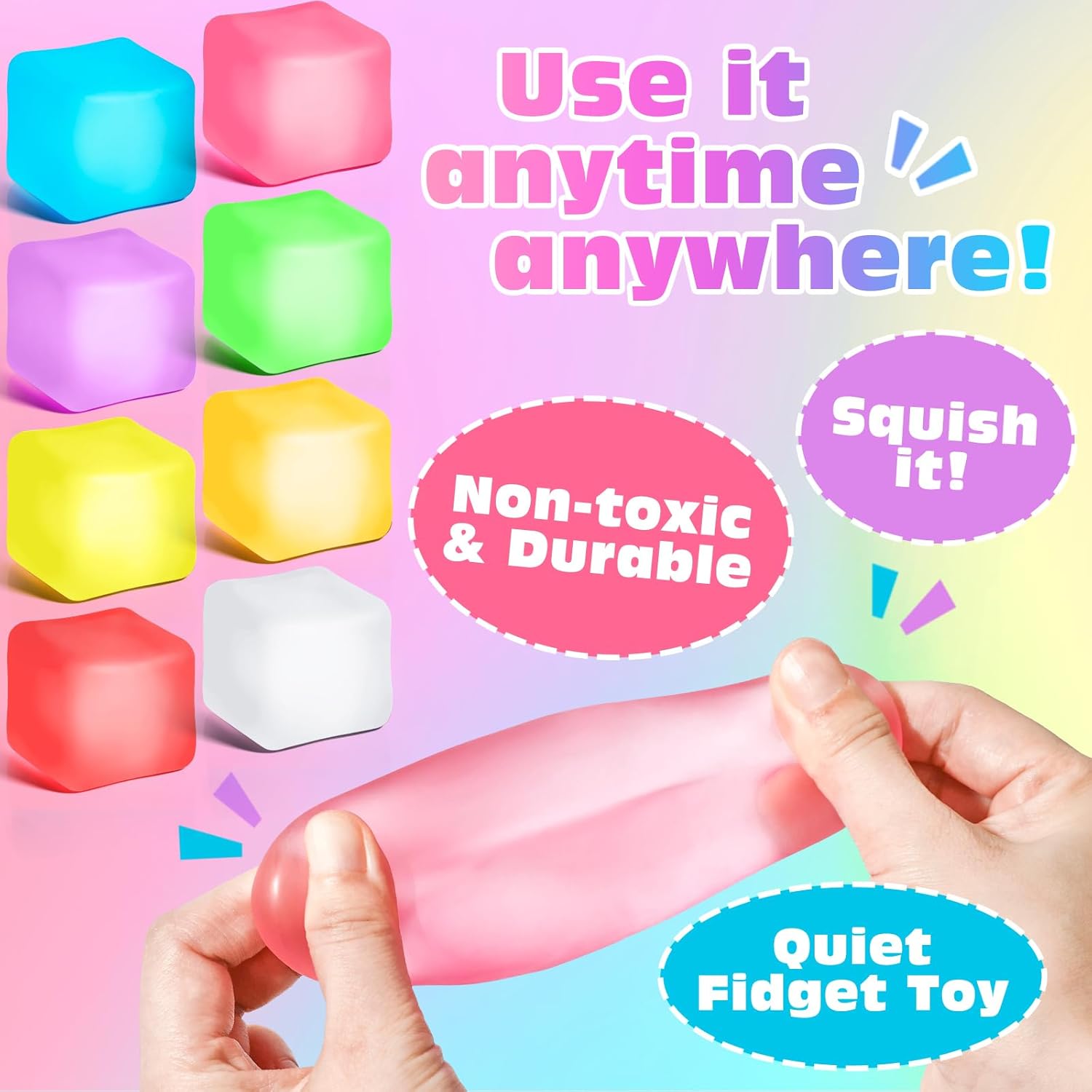 slow-rising memory foam squishy that returns to original cube shape after squeezing