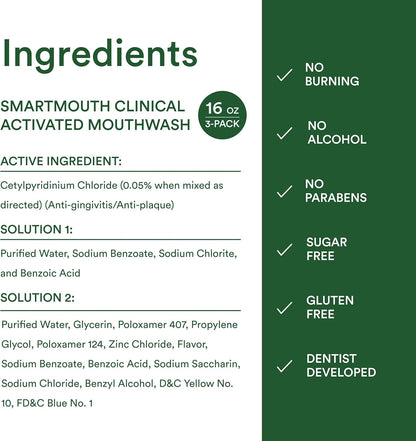 SmartMouth DDS Activated Mouthwash - Clean Mint Oral Care Ritual for Nightly Gum Health Routine, Alcohol-Free 16 fl oz (3 Pack)