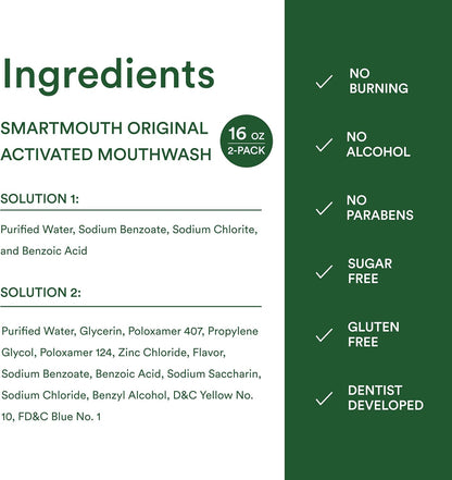 SmartMouth Original Zinc Activated Mouthwash - Alcohol-Free Fresh Mint Rinse for Mindful Evening Oral Care Ritual, 16 fl oz (2 Pack)