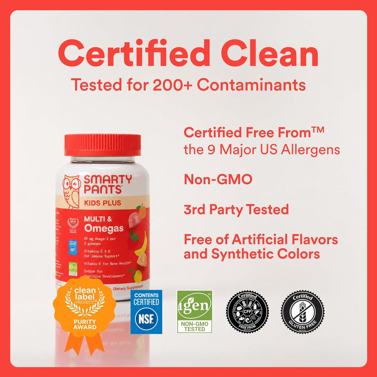 SmartyPants Kids Multivitamin Gummies – Allergen Aware Daily Vitamin Tested for 200 Plus Contaminants, Top 9 Allergen Free, 60 Count