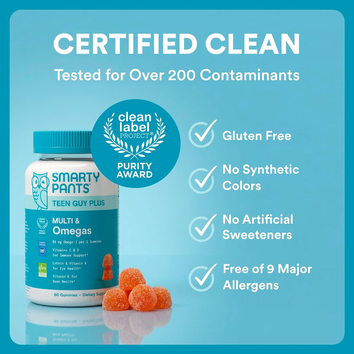 SmartyPants Teen Guy Plus Multi & Omegas Multivitamin Gummies – Clean Label Kids Multivitamin for Active Teen Boys Ages 13-19, 30 Day Supply