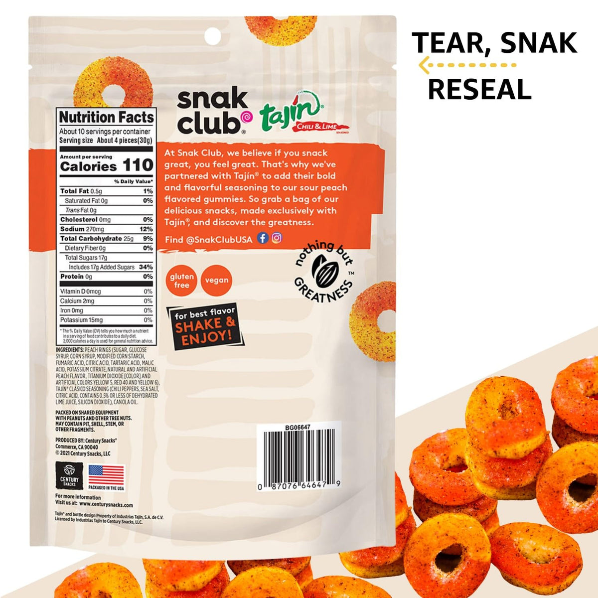 Snak Club Tajin Apple Rings Gummy Candy – Gym Bag and Travel Tote Snack, Portable Resealable Sweet-Spicy Gummies, 11 oz