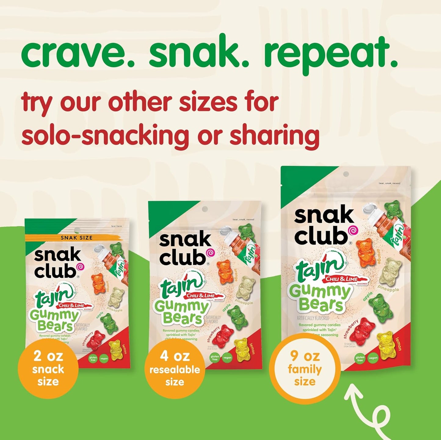 Snak Club Tajin Gummy Bears – Lunch Box Treat for Kids, Mild Chili Lime Vegan Candy