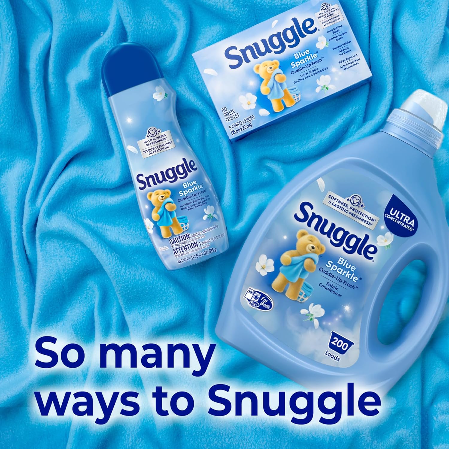 Snuggle Blue Sparkle Fabric Softener – Family-Safe Laundry Care for Nursery Blankets and Kids' Pajamas, 200 Loads