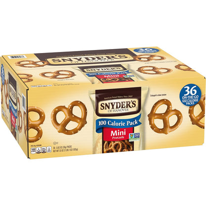 Snyder's of Hanover Mini Pretzels 100 Calorie Packs – Office Desk Drawer Snack for Workdays, 36 Ct