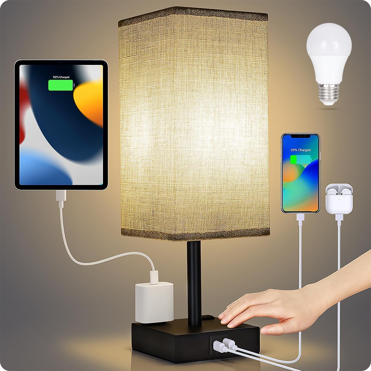 Soilsiu Small Modern Table Lamp with Touch Dimmer and USB-A Port, Simple Charging Lamp for Studio Apartments