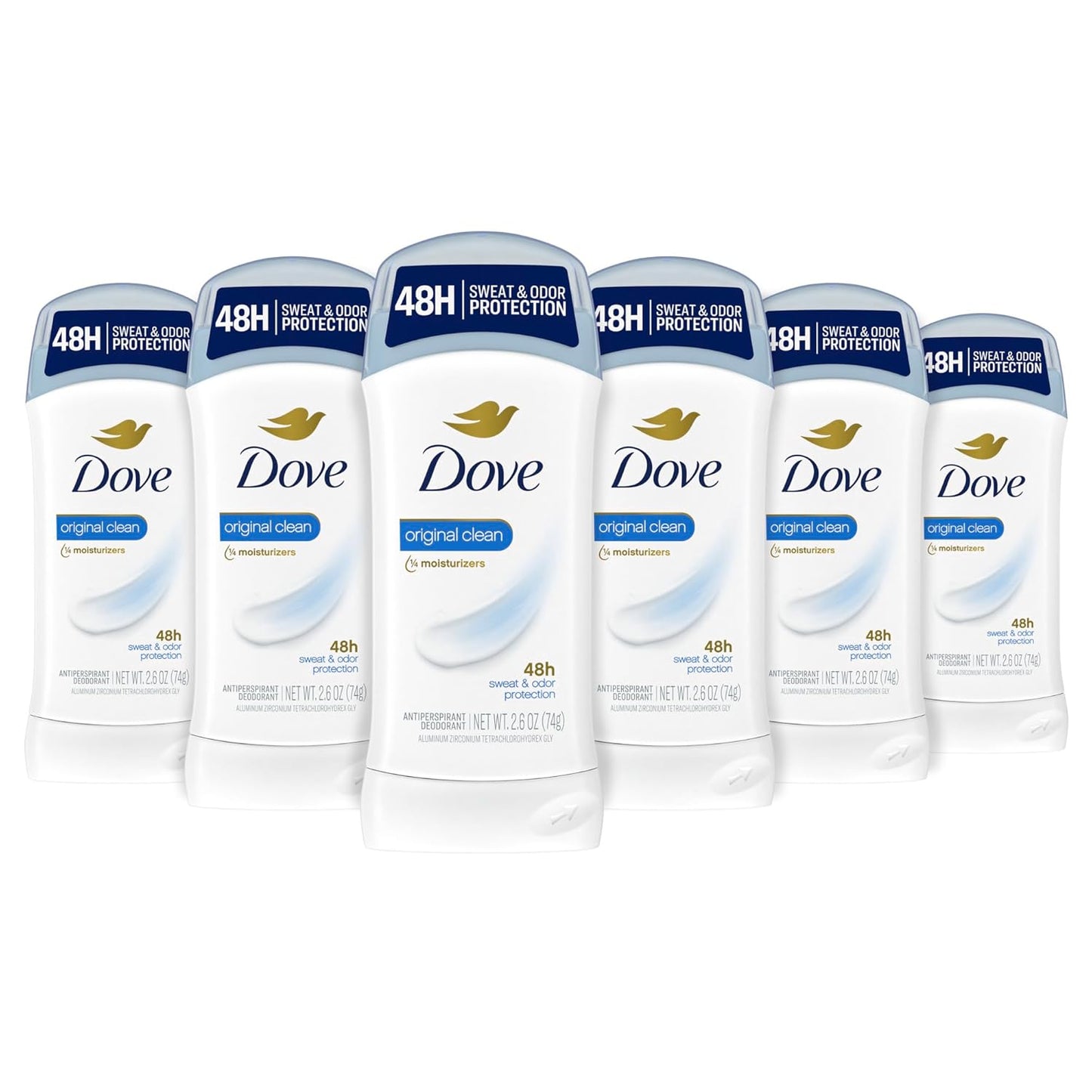 solid antiperspirant stick in 2.6 oz size offered in 2, 3, and 6-pack configurations