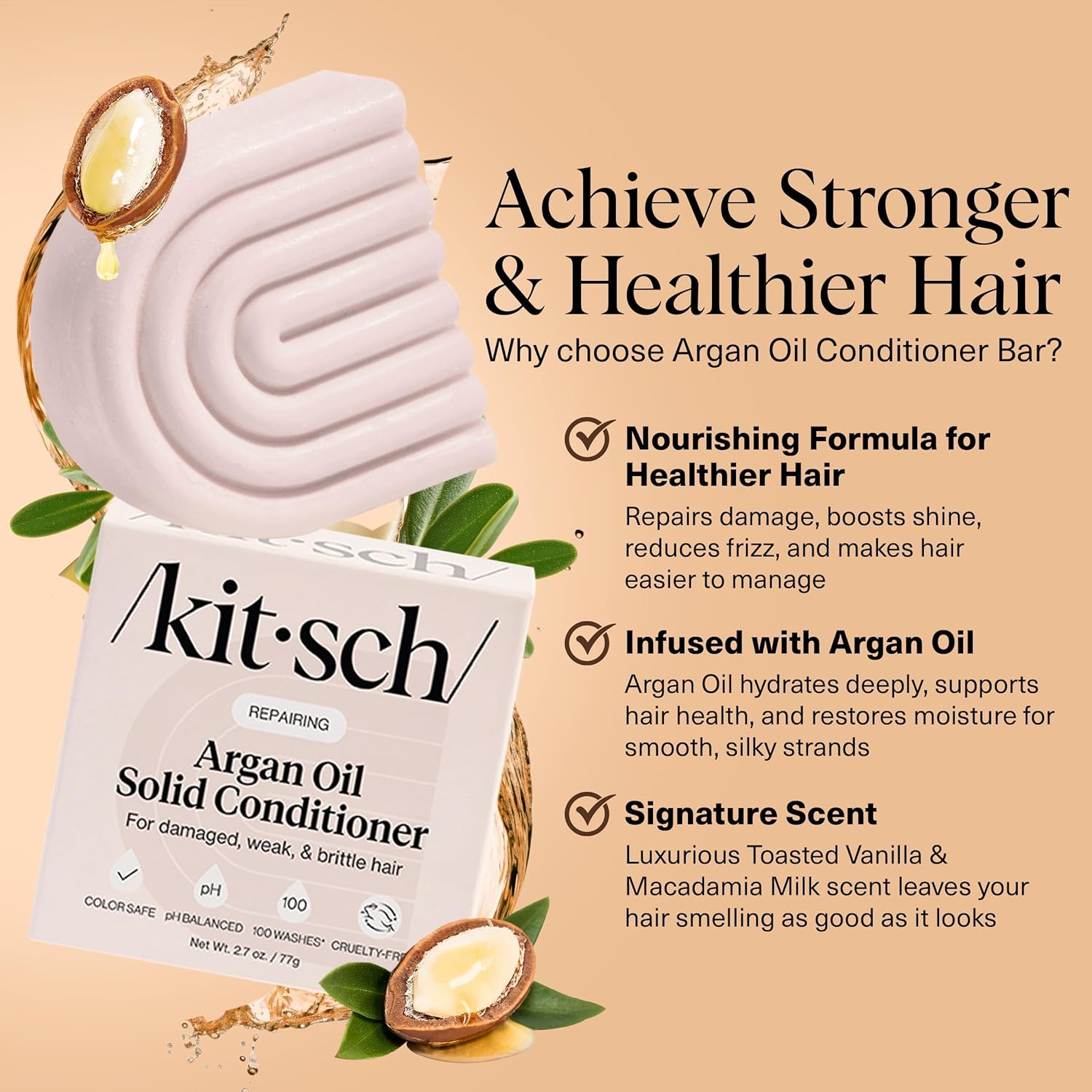solid conditioner bar format, 2.7 oz, replaces plastic bottle packaging