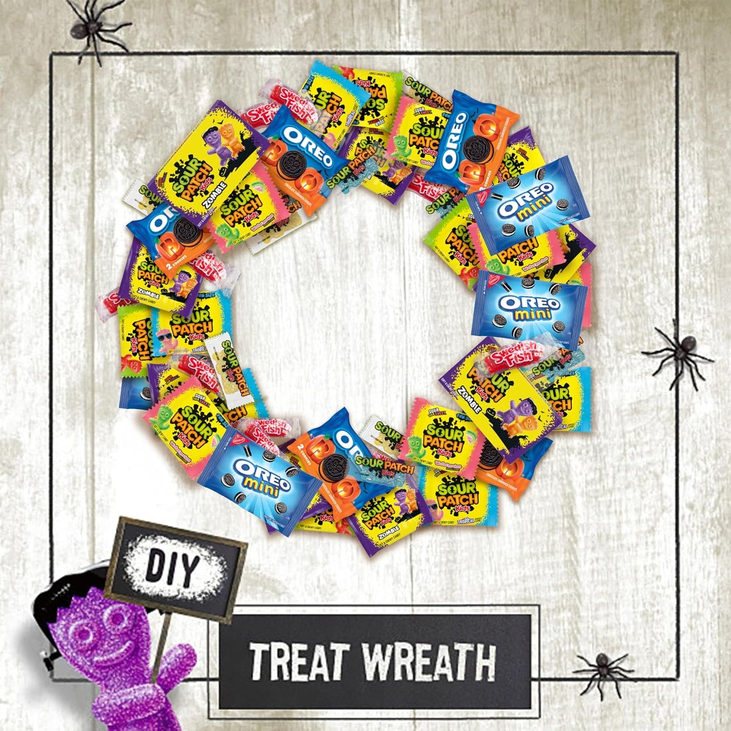 SOUR PATCH KIDS and SWEDISH FISH Halloween Candy for Candy Wreath and Table Centerpiece Decor, Bulk 80 Mini Bags