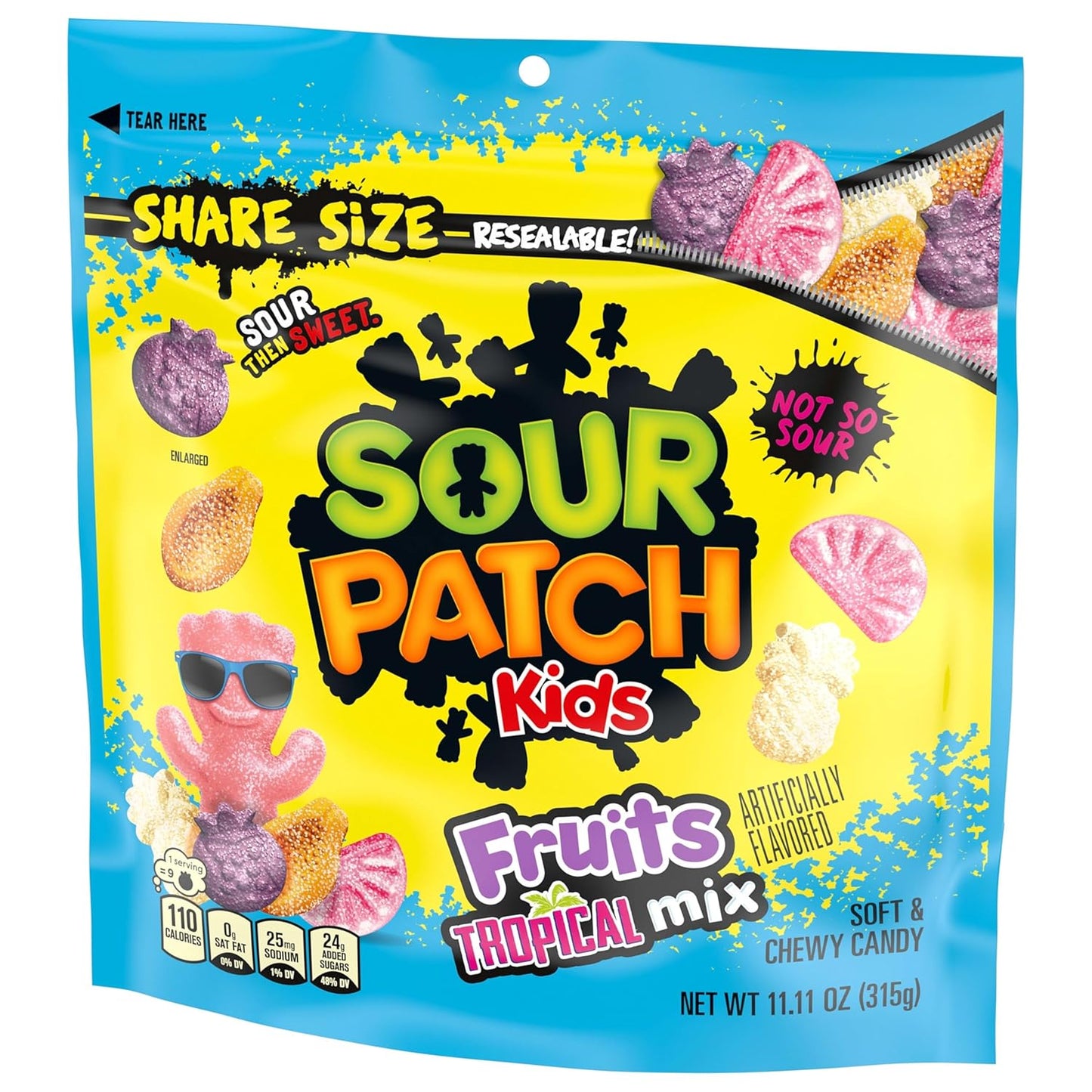 SOUR PATCH KIDS Tropical Mix Candy – Lunchbox Snack for School Kids, Share Size 11.11 oz Resealable Bag
