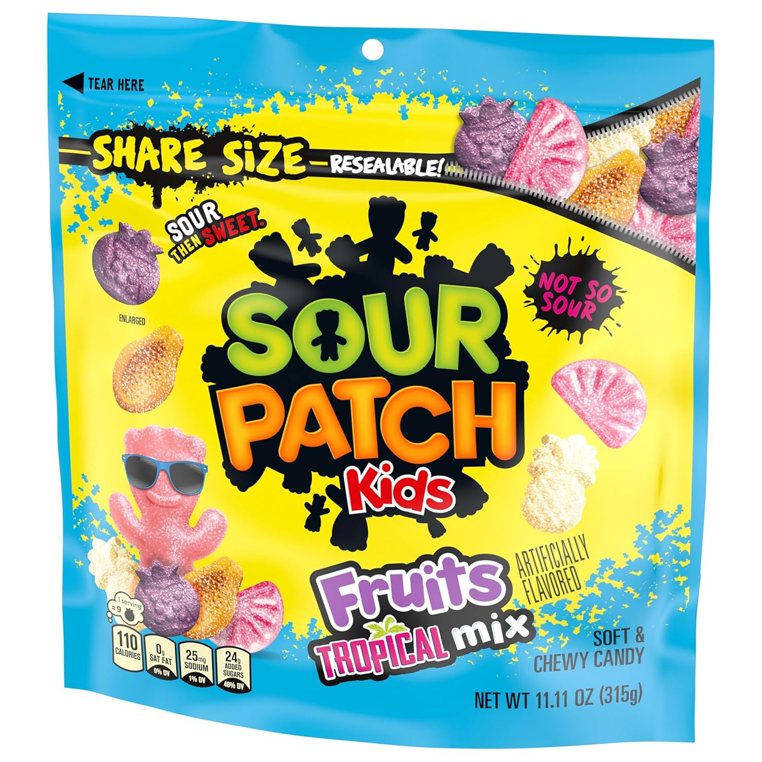 SOUR PATCH KIDS Tropical Mix Candy – Lunchbox Snack for School Kids, Share Size 11.11 oz Resealable Bag