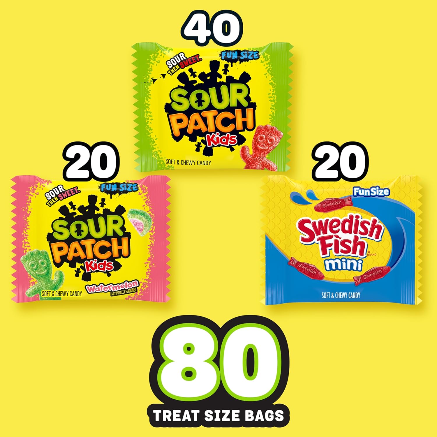 sour then sweet gummy chew texture in playful kid and fish shapes