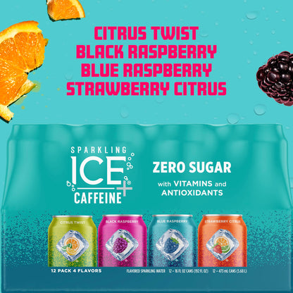 Sparkling Ice Caffeine Black Raspberry Sparkling Water Birthday Gift for Mom, Sugar Free Sparkling Water with Vitamins and Antioxidants