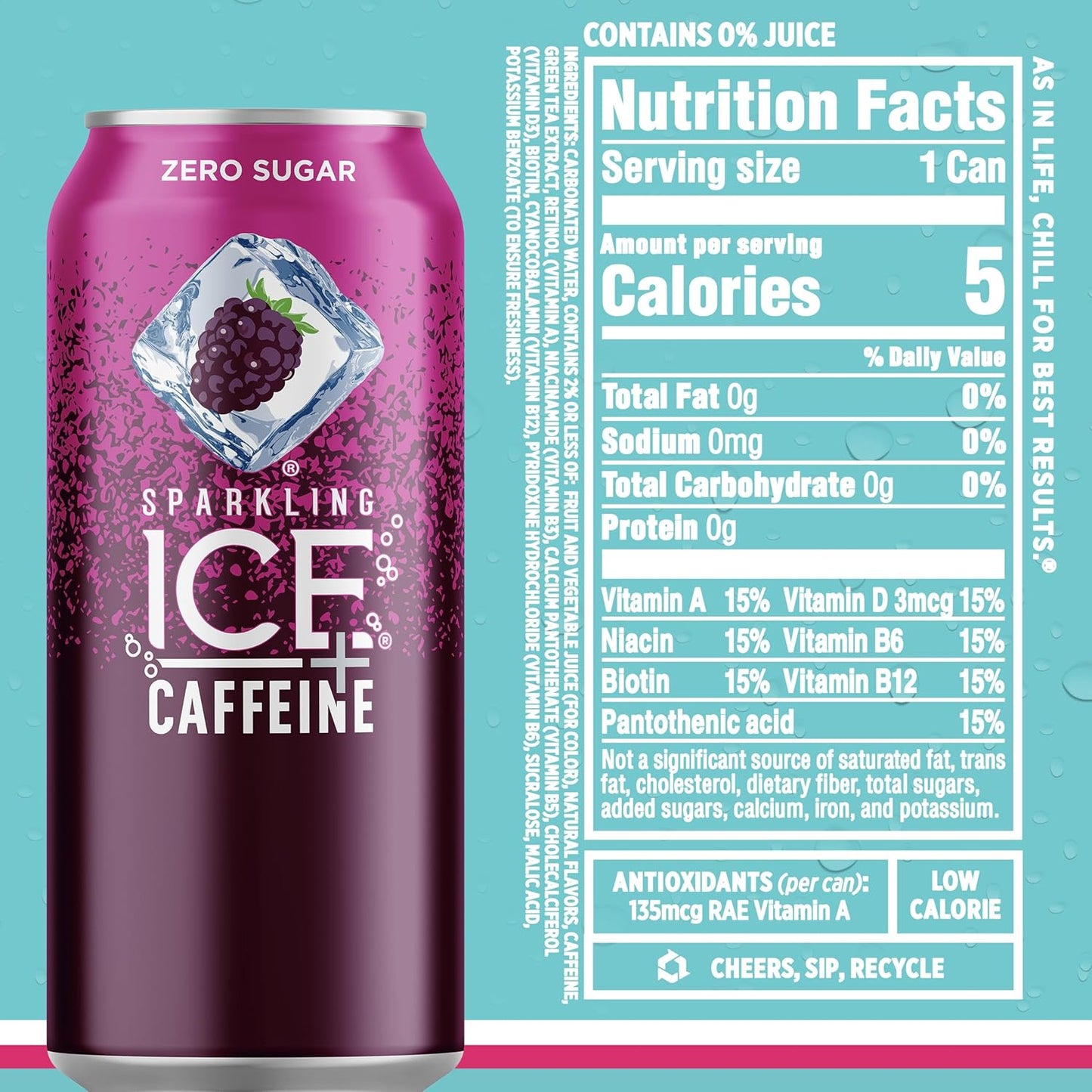 Sparkling Ice Caffeine Black Raspberry Sparkling Water for Remote Work Midday Boost, Low Calorie Sparkling Water for the Desk