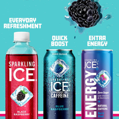 Sparkling Ice Caffeine Black Raspberry Sparkling Water for Remote Work Midday Boost, Low Calorie Sparkling Water for the Desk