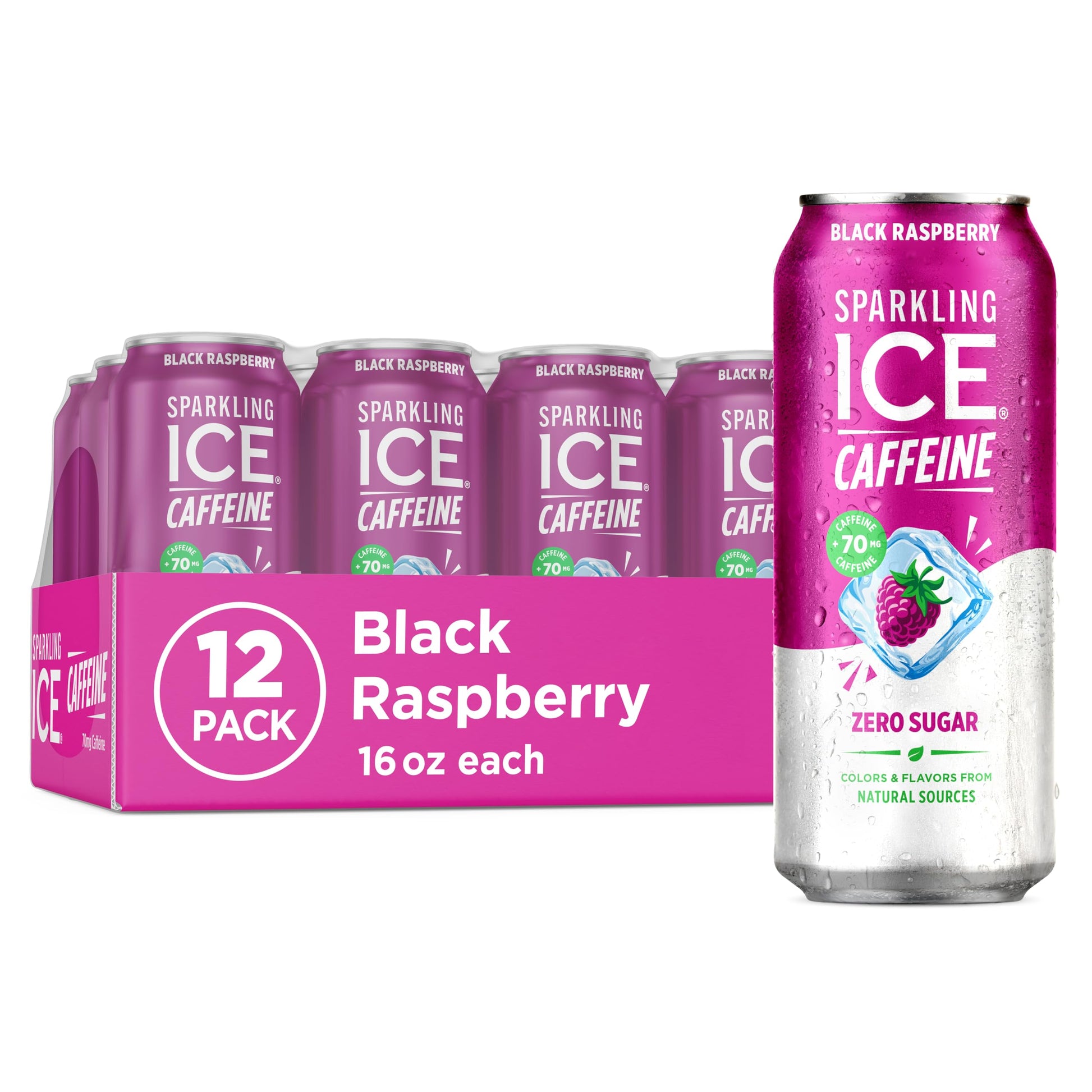 Sparkling Ice Caffeine Black Raspberry Sparkling Water for Remote Work Midday Boost, Low Calorie Sparkling Water for the Desk