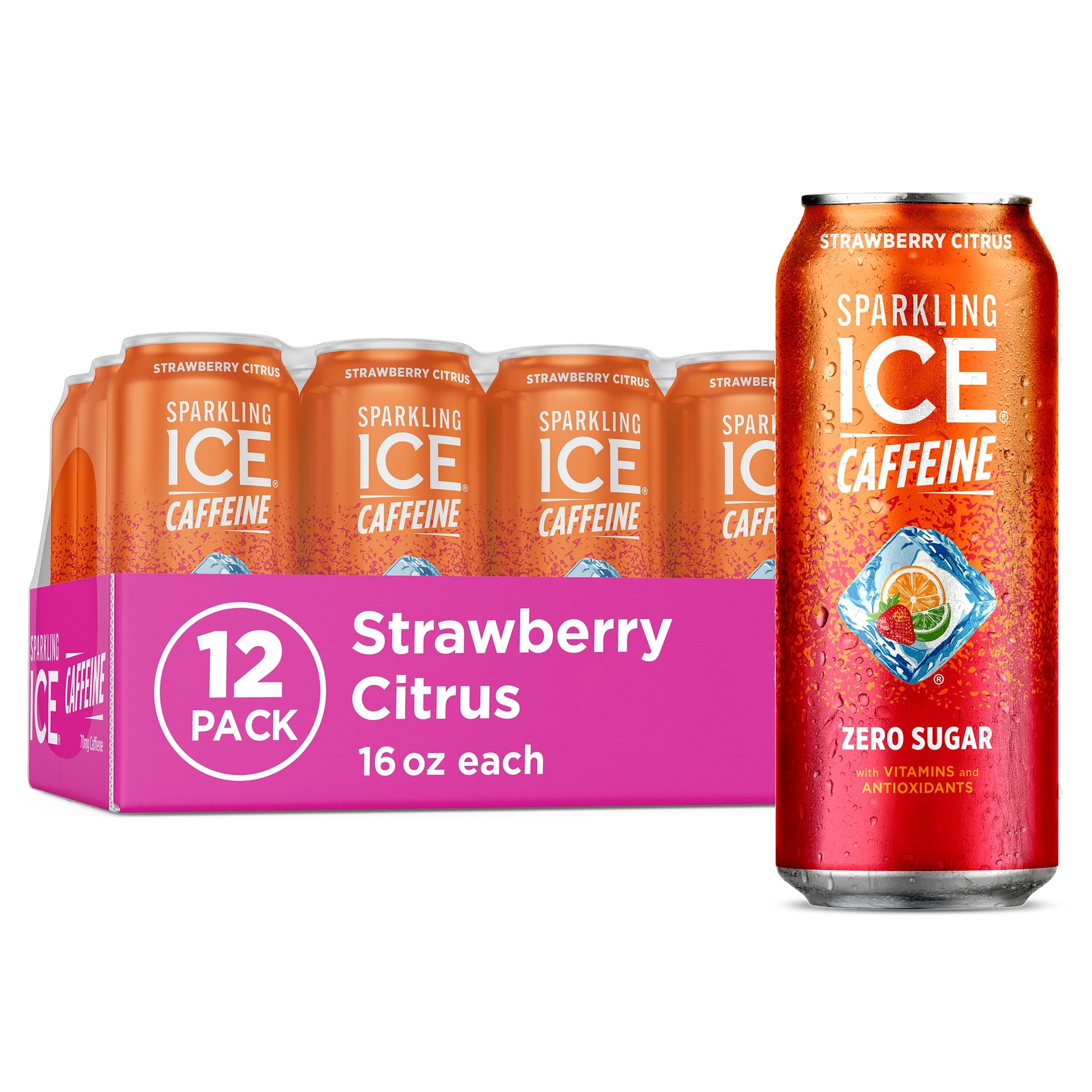 Sparkling Ice Caffeine Black Raspberry Sparkling Water for Remote Work Midday Boost, Low Calorie Sparkling Water for the Desk