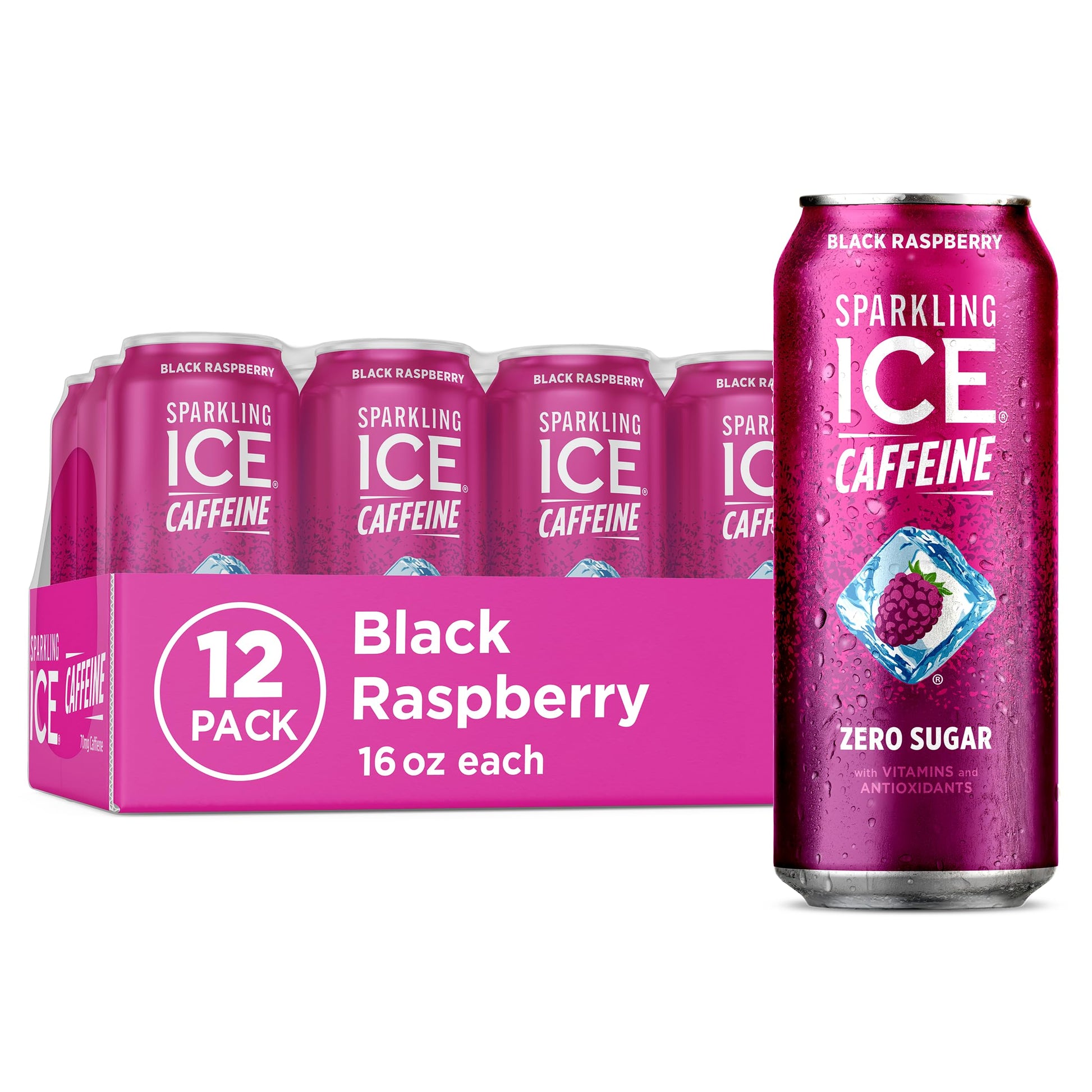Sparkling Ice Caffeine Black Raspberry Sparkling Water for Remote Work Midday Boost, Low Calorie Sparkling Water for the Desk