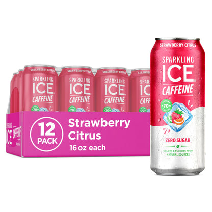 Sparkling Ice Caffeine Black Raspberry Sparkling Water for Remote Work Midday Boost, Low Calorie Sparkling Water for the Desk