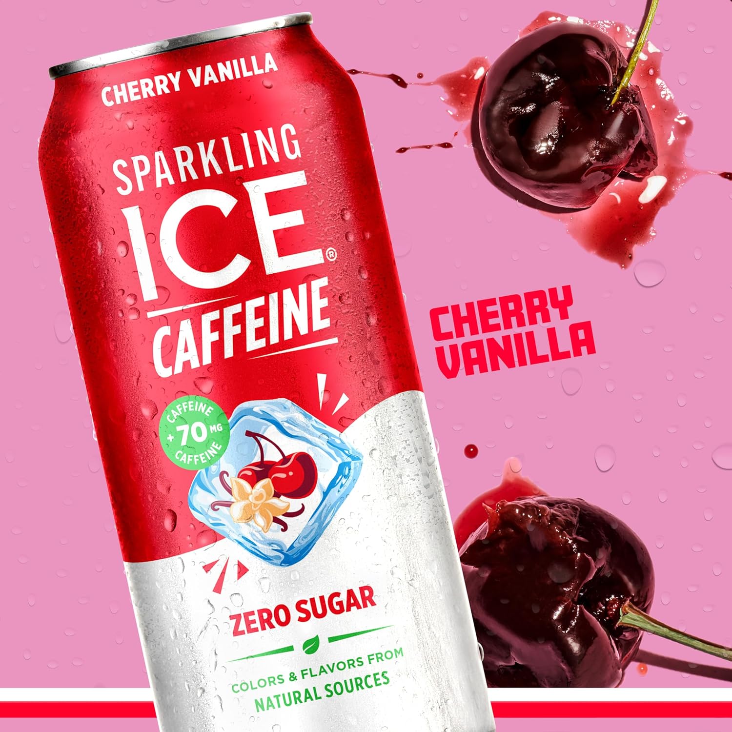 Sparkling Ice Caffeine Black Raspberry Sparkling Water for Self-Care Rituals, Zero Sugar Afternoon Pick-Me-Up with Vitamins