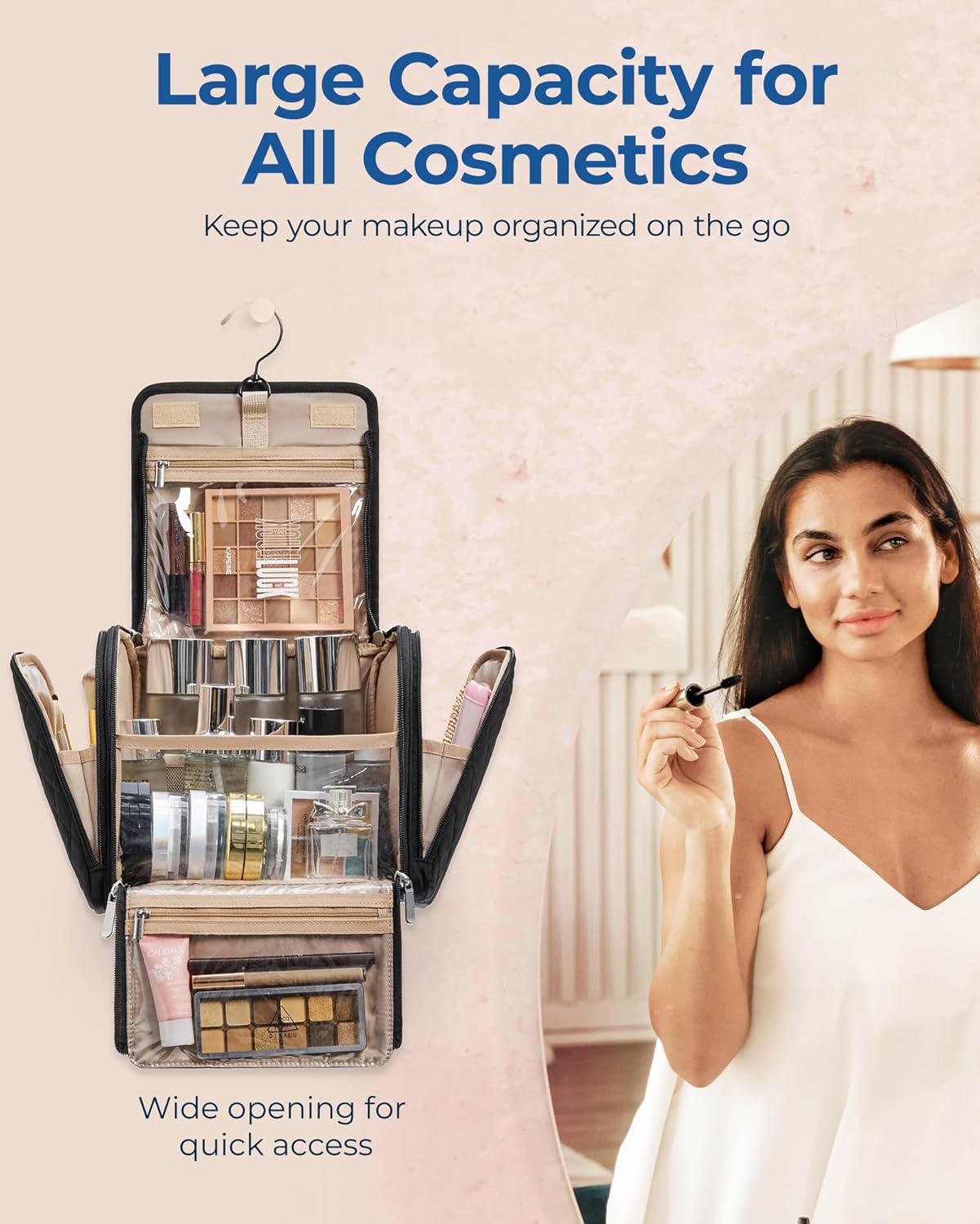 stain-resistant pvc-lined side pocket designed for makeup brushes and sponges