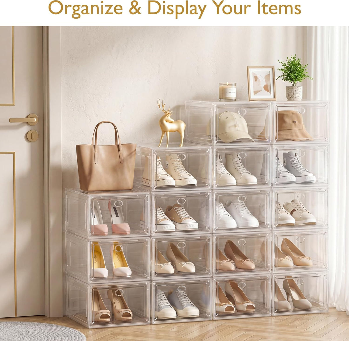 Sturdy Clear Shoe Organizer with Magnetic Door – Minimalist Closet Storage, Stackable Clear Boxes for Intentional Living