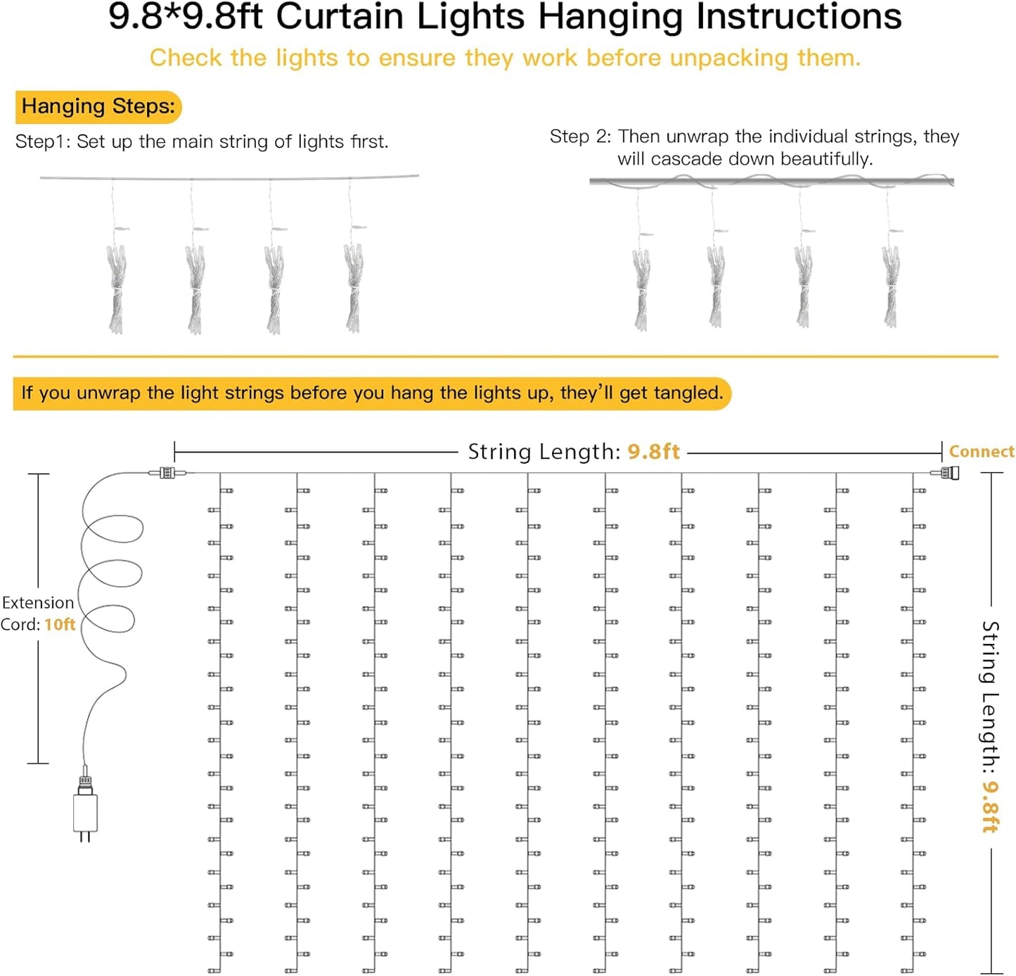 suddus Outdoor Curtain Lights 9.8x9.8ft – 300 LED IP44 Waterproof Warm White with Linkable Design for Patio, Pergola, and Garden Backdrop