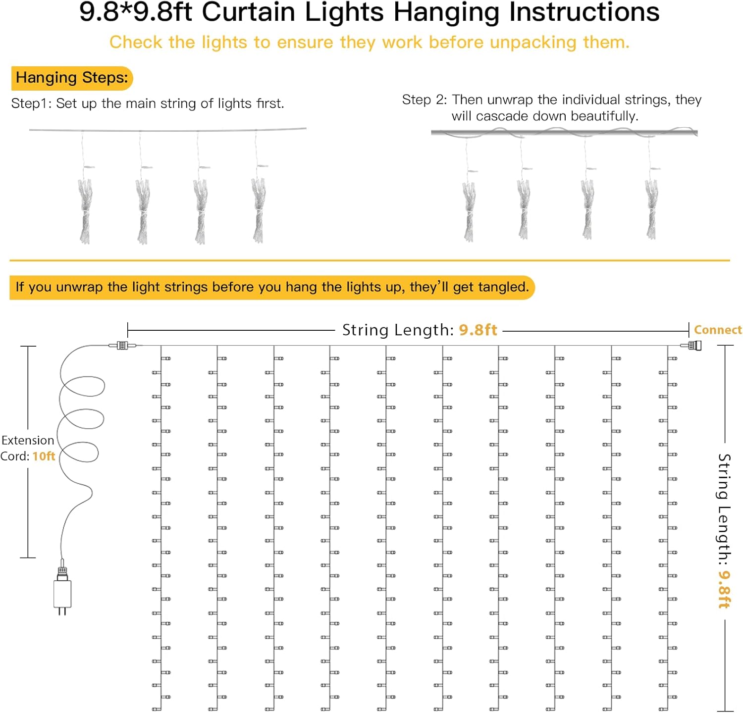 suddus Outdoor Curtain Lights 9.8x9.8ft – 300 LED IP44 Waterproof Warm White with Linkable Design for Patio, Pergola, and Garden Backdrop