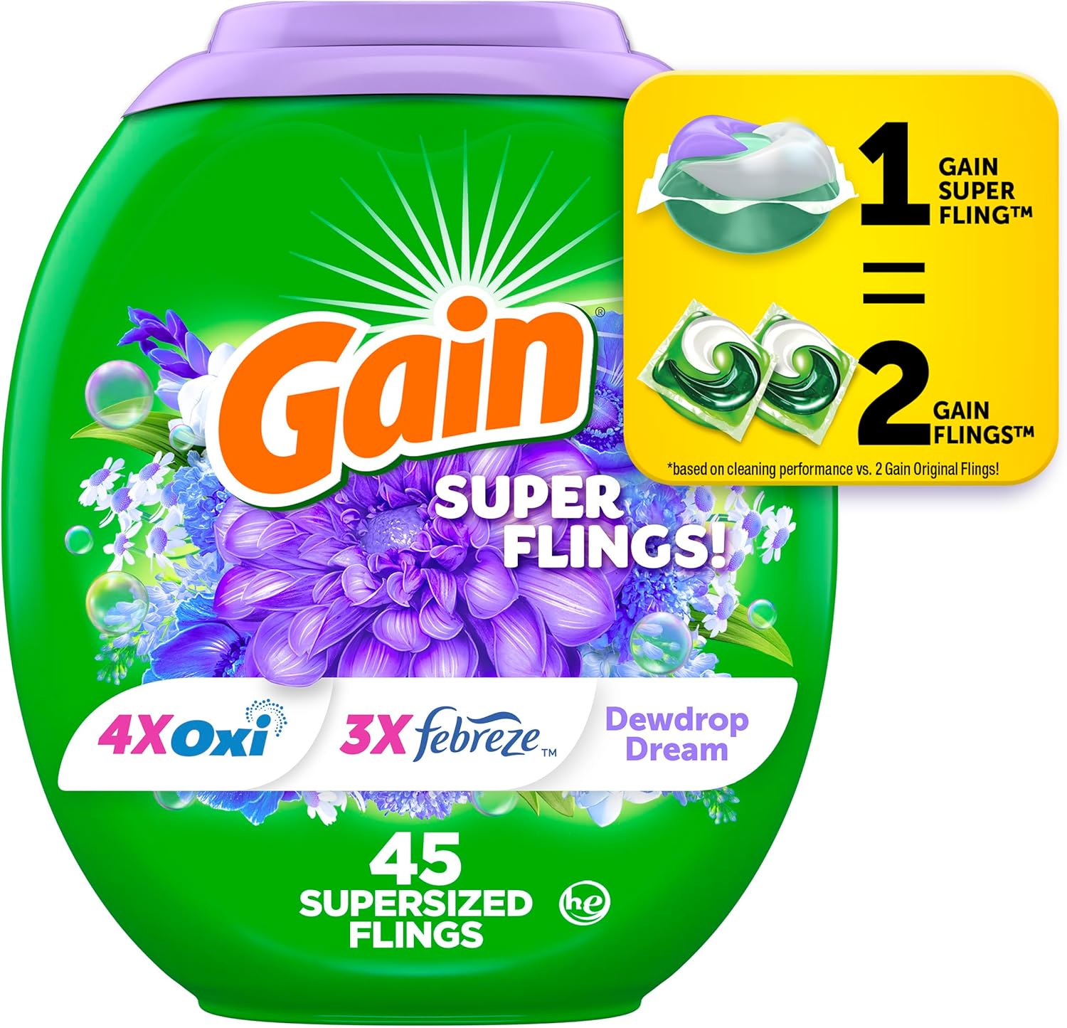 supersized pac design delivering the cleaning performance of two original gain flings in one unit