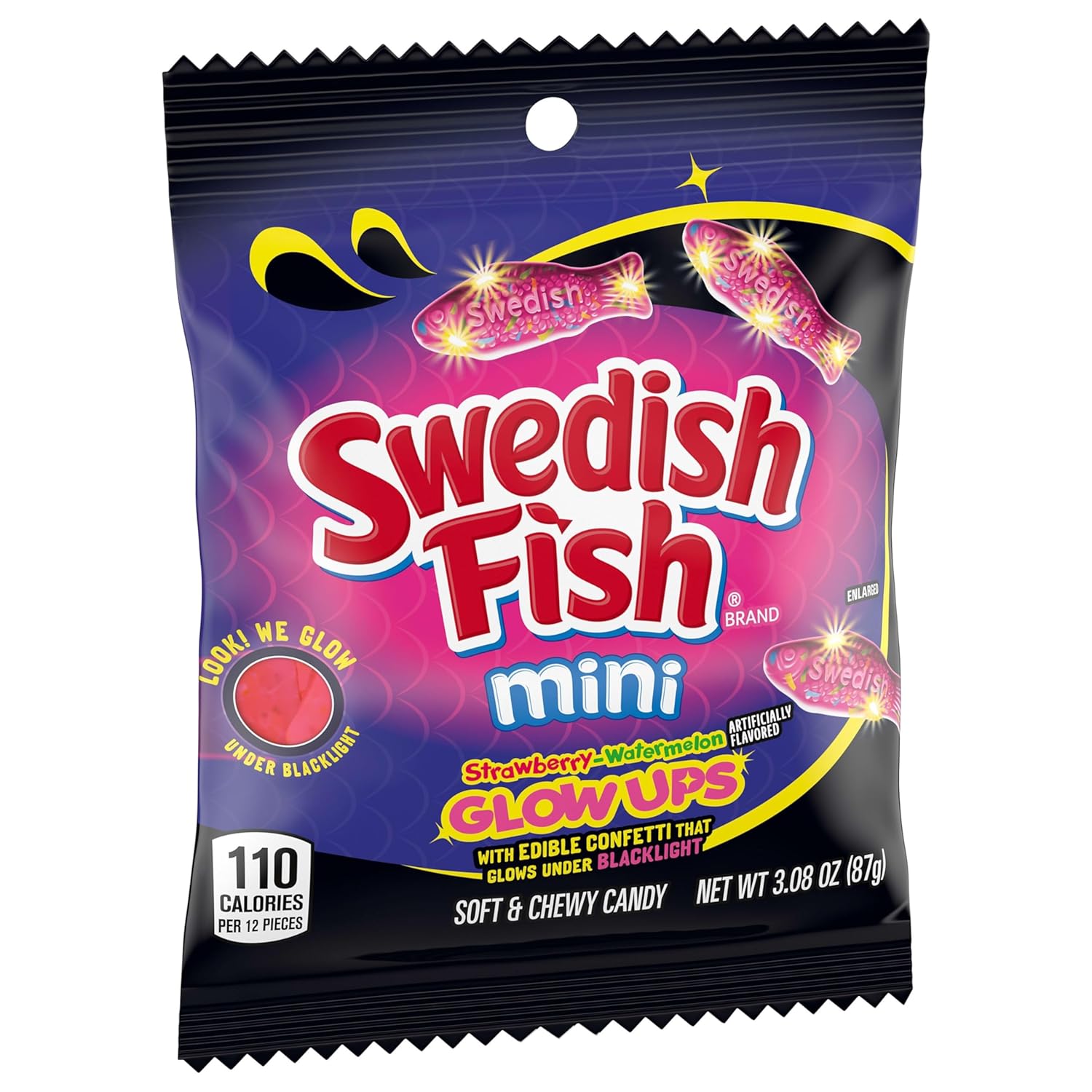SWEDISH FISH Mini Glow Ups Gummy Candy – Festival and Concert Snack, Shareable Glow Treats in 12 Portable 3.08 oz Bags