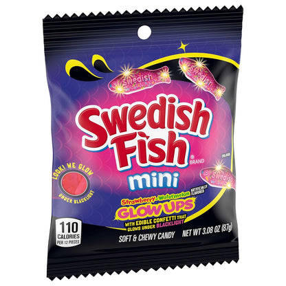 SWEDISH FISH Mini Glow Ups Gummy Candy – Festival and Concert Snack, Shareable Glow Treats in 12 Portable 3.08 oz Bags