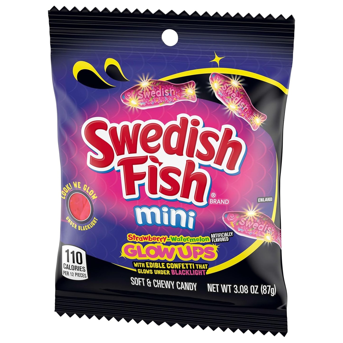 SWEDISH FISH Mini Glow Ups Gummy Candy – Festival and Concert Snack, Shareable Glow Treats in 12 Portable 3.08 oz Bags